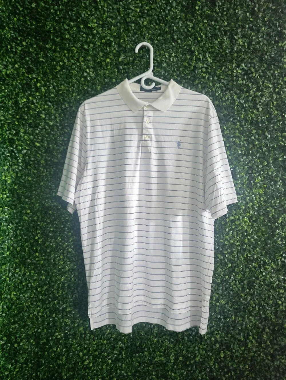 Ralph Lauren Men’s White Polo with Thin Navy Stripes Size L
